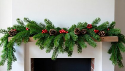 A classic, timeless evergreen garland draped elegantly over a rustic wooden mantelpiece, adorned with pinecones and berries Perfect for holiday decorating inspiration , wooden, garland