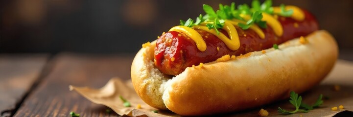Close-up shot of a juicy sausage hot dog on a toasted bun, with mustard and relish, ready to eat Perfect for menus, food blogs, or restaurant advertising , sausage, iconic