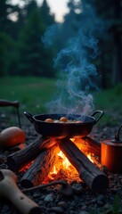 A crackling campfire with a cast iron skillet simmering on top, surrounded by cooking utensils and ingredients ready for a delicious meal under the stars , nature, campfire cooking