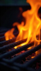 Close-up of vibrant, flickering grilling flames licking the surface of a hot grill grate, ready for cooking The intense orange and yellow hues create a dynamic texture , culinary, grilling, warm