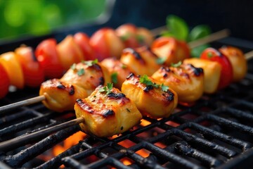 Delicious marinated chicken skewers sizzling on a hot grill, ready to be served Perfectly charred vegetables alongside, summer grilling at its finest , feast, protein