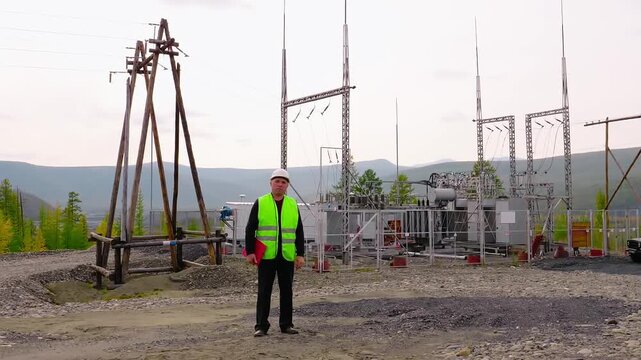 Electrical engineer is standing in front of distribution transformers. Engineer is working with distribution transformer at power station. Engineer is supervising power distribution transformers