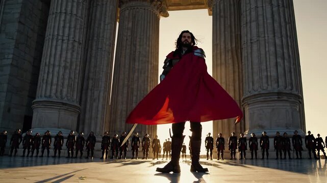 Leader stands before army at monument. Warrior and knight pose as hero with sword and armor. Red cape flutters behind leader. Troop formation lines plaza under dramatic sunlight. Epic heroic tone.