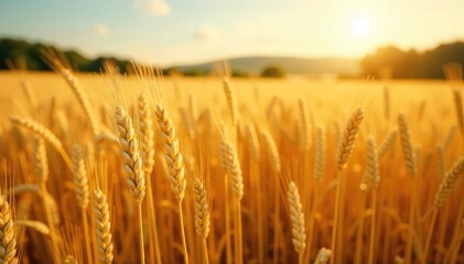 Golden wheat field ready for harvest, sunlit stalks swaying gently in the breeze Abundant crop, ripe and ready for reaping Agricultural scene of rural farmland , grain, sunny day