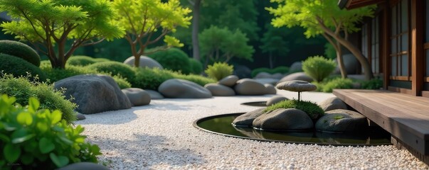Serene scene of a minimalist zen garden, raked gravel, carefully placed stones, and tranquil water feature, evoking a sense of peace and mindful contemplation , zen garden, relaxation, peace