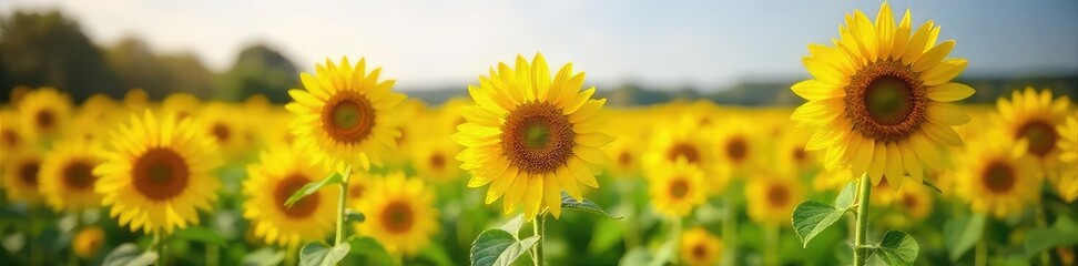 Vibrant, sunny yellow sunflowers in full bloom, swaying gently in a summer field A breathtaking display of nature's beauty Perfect for summer, nature, and agriculture themes , blossom, growth