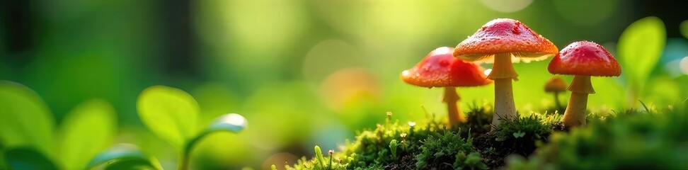 Close-up of vibrant, summery mushrooms sprouting amidst lush green foliage, sunlight dappling through leaves Perfect for nature, botany, or seasonal themes , spores, fungus, detail