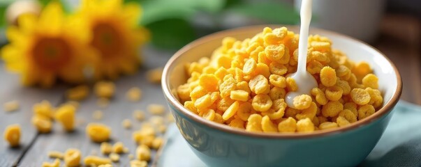 A vibrant bowl overflowing with golden sunflower cereal, milk cascading over the crunchy flakes Ready-to-eat breakfast, healthy and delicious , grain, tasty