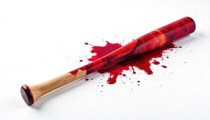A single, crimson-stained broken baseball bat isolated on a pure white background, symbolizing aggression and destruction The stark contrast emphasizes the violent act , danger, weapon, close up