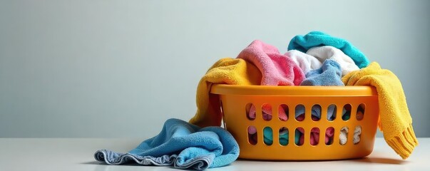 Overflowing laundry basket overflowing with clothes, shirts, towels, and other garments needing washing Ready for laundry day! A home cleaning and organization concept , storage, container