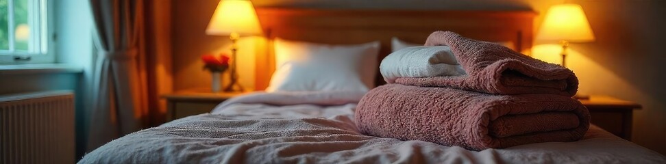Cozy blankets piled high on a motel bed, soft lighting, inviting atmosphere Perfect for a restful night's sleep or a relaxing stay , home, shadow, sanctuary