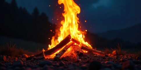 Close-up shot of a roaring bonfire, flames licking upwards against a dark night sky, embers glowing intensely Perfect for concepts of warmth, energy, destruction, and power , power, dramatic, energy