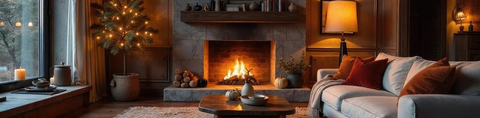 Cozy living room with a fireplace, plush sofa, and warm lighting, creating a relaxed and inviting atmosphere Perfect for autumn or winter home decor inspiration , room, cozy