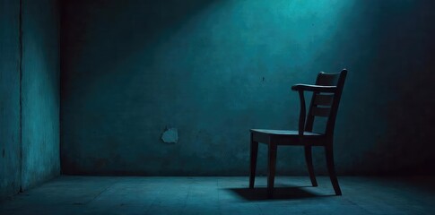 A single, empty chair sits in a dimly lit room, symbolizing the isolating ache of a headache and loneliness ,  misery,  exhaustion