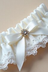 Elegant white lace garter with delicate satin ribbon and sparkling rhinestone embellishments, perfect for a bridal accessory Ready for a close-up or detail shot , bridal boutique, luxury garter