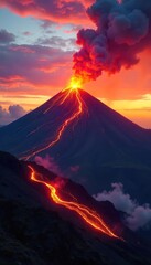 Majestic Hawaiian volcano erupting with fiery lava flowing down its slopes, dramatic smoke plumes rising against a vibrant sunset sky A breathtaking display of nature's power , cone, volcano