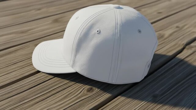 A blank white baseball cap sits on a wooden surface, casting a shadow. The cap has stitching and ventilation holes