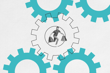 Creative full art 3d image collage of happy businessman run cogwheel carry bags sale improvement settings aim achievement