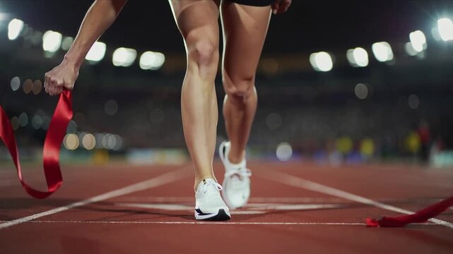 A female runner crosses the finish line, breaking a red ribbon, with the focus on her legs and motion against a blurred stadium crowd and bright lights.