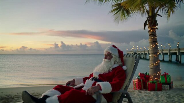 anta Claus relaxes on a lounge chair by the ocean at sunset, with a decorated palm tree, wrapped presents, and warm holiday lights creating a festive tropical beach scene.