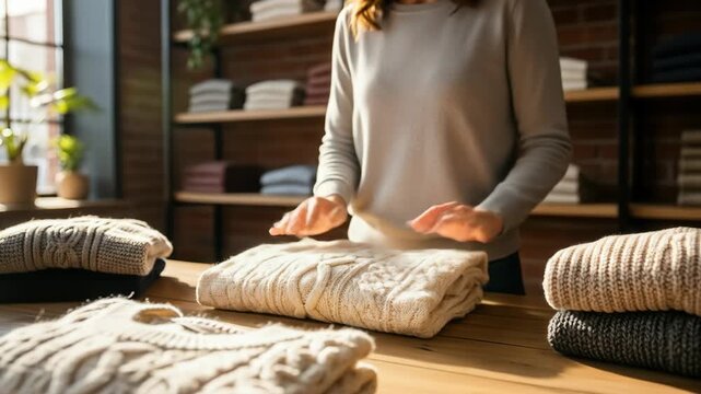A person holds up a folded cream-colored sweater over a wooden table, stacked sweaters nearby