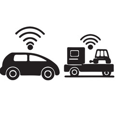 Illustration of connected vehicles isolated on white background, representing automotive technology and wireless communication systems