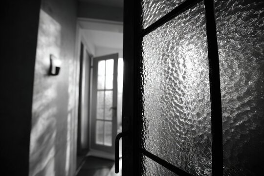 Textured glass door revealing a bright hallway with sunlit entryway and shadows - Powered by Adobe