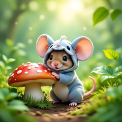 Cute Baby Mouse in Animal Costume Next to Mushroom in Magical Forest