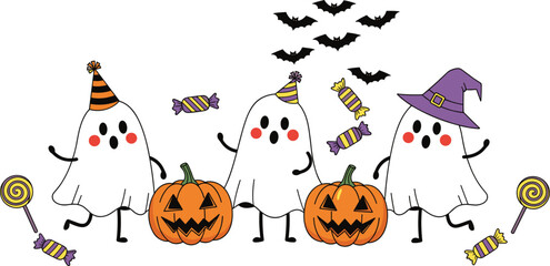 Halloween cartoon ghosts, party hats, witch hat, carved pumpkins, candy, lollipops, bats flying, festive celebration, cute characters, cad drawing flat vector illustration