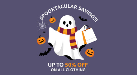 Friendly ghost with shopping bag promoting Halloween Spooktacular Savings sale with pumpkins and bats Retail holiday shopping