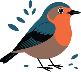 Charming Robin Illustration with Colorful Plumage and Leaf Accents Design