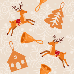 Seamless pattern with deer, bell, wooden house and pine tree. Background with openwork snowflakes. Design for wrapping paper, cards, seasonal textiles.
