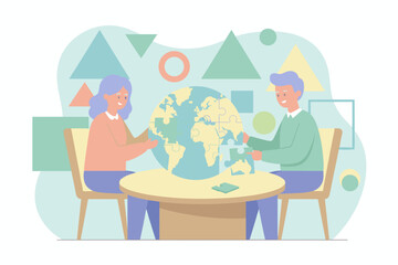 Diverse team builds a global puzzle symbolizing collaboration for worldwide solutions and unity