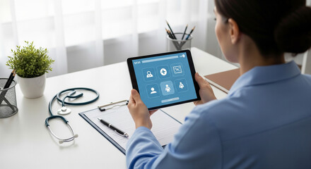 Doctor using a tablet computer with a medical application interface, showing telemedicine or digital health records in a clinic or hospital setting
