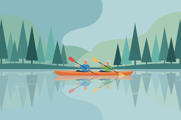 Senior couple kayaking on a serene lake with forest Active retirement healthy lifestyle