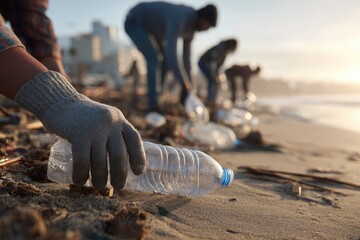 People in gloves clean a sandy beach, picking up plastic waste under a sunny sky