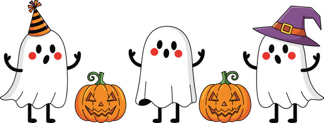 Halloween cartoon ghosts, witch hat, party hat, carved pumpkins, smiling faces, festive celebration, spooky cute characters, cad drawing flat vector illustration