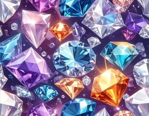 Colorful illustration of various shaped and sparkling gems