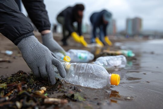 Close-up of gloved hands picking up plastic bottles from a sandy, wet beach - Powered by Adobe