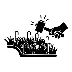 Stylized Line Art of Hand Hammering Stakes to Secure Artificial Grass icon

