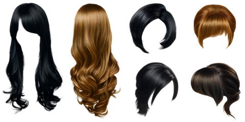 3 set of back front wig hair hairpiece hairstyle isolated on white background png, ai generated