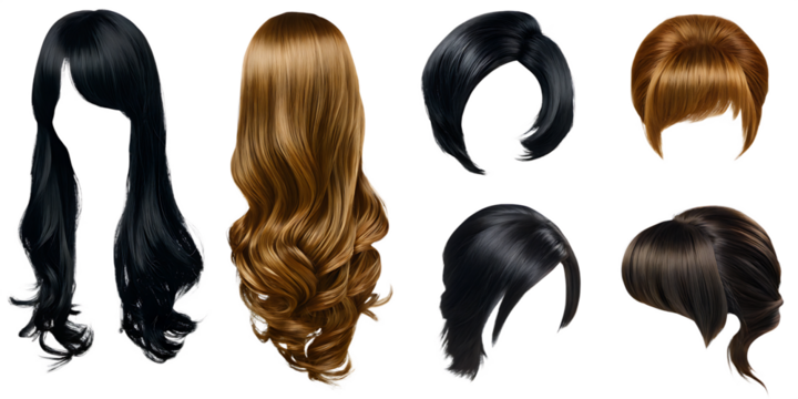 3 set of back front wig hair hairpiece hairstyle isolated on white background png, ai generated