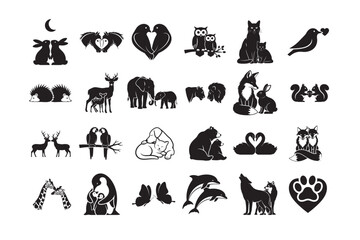 24 Wild Love Silhouette Vector Set . Romantic Animal Couple
