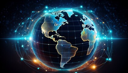 global network grid with illuminated continents and abstract digital connections in the dark