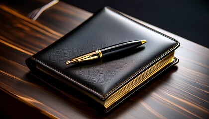 elegant black leather journal with a gold trimmed pen resting on top