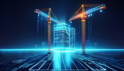futuristic digital construction of a skyscraper with a glowing crane against a dark blue digital background