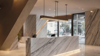 Elegant Marble Reception Desk in a Modern Luxury Hotel Lobby.