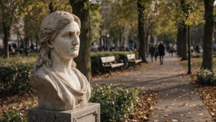 Elegant Marble Bust in a Serene Autumn Park Setting.