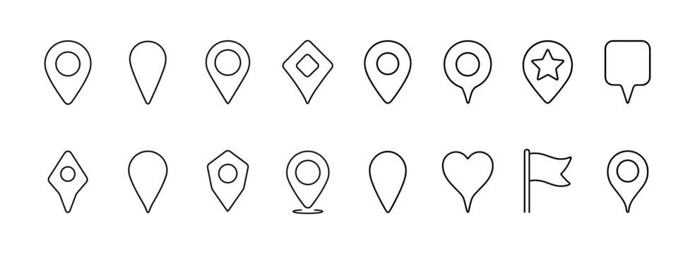 Minimalist outline map pin icons collection for navigation and location apps
