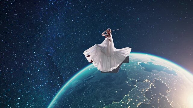 Woman plays violin above earth. Violinist stands on planet edge floating in space. Gown billows as star field surrounds her. Galaxy glow frames graceful motion and serene posture. Ambient tune rises.